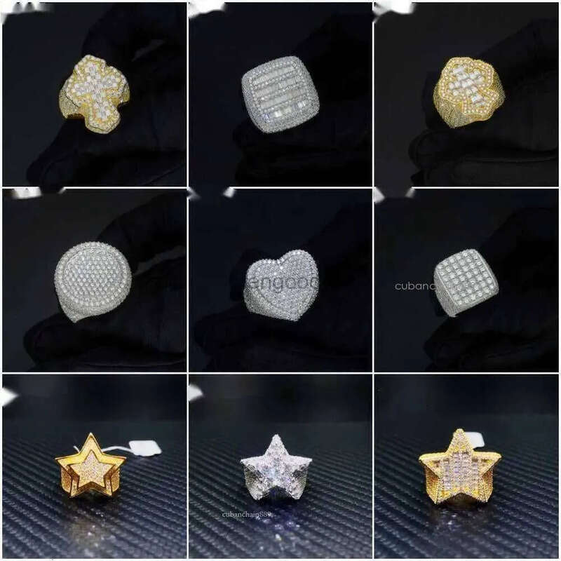 Fine jewelry iced out hip hop cuban gold plated sterling sier vvs moissanite dia ring for men