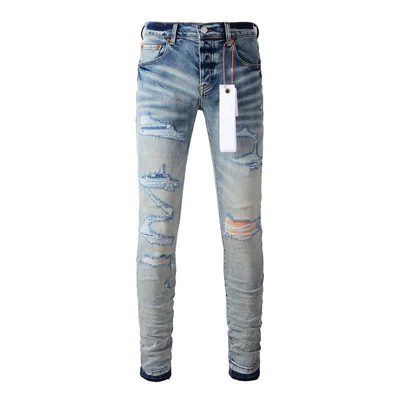 Mens 1 High Street Fashion Style Distressed Light Blue Stretch Skinny Damaged Holes Raw Hems Button Fly Ripped Jeans Men Y251105