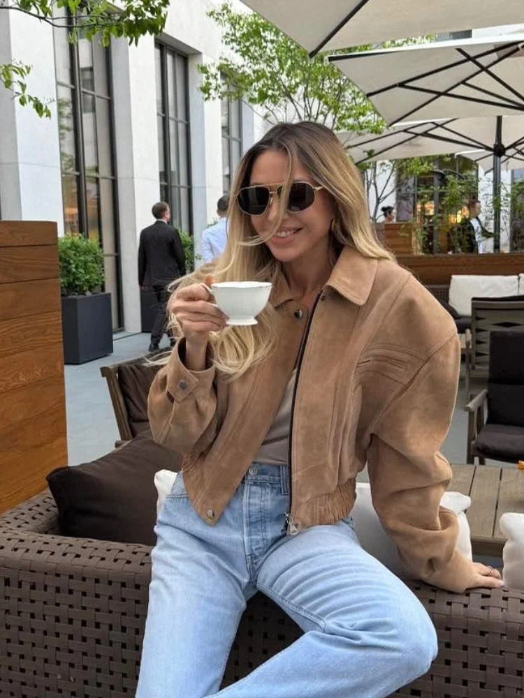 Full Sleeve Zipper Cropped Suede Jacket Women Casual Lapel Pocket Loose Thin Coat 2025 Autumn Lady Highstreet Commute Outwear 251017