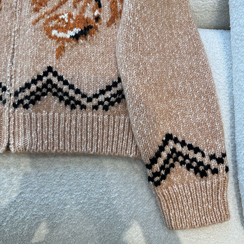 Luxury Designer Women's Cotton Wool Blend Zip Up Knit Jacket Chic Contrast Notch Collar Long Sleeve Jacquard Outerwear Classic Loose Warm Breatha