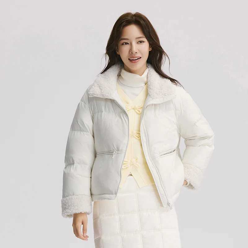 Semir Down Jacket Women Loose Solid Color 2024 New Winter Patchwork Imitation Lamb Wool StandUp Collar Textured Down Jacket W251016