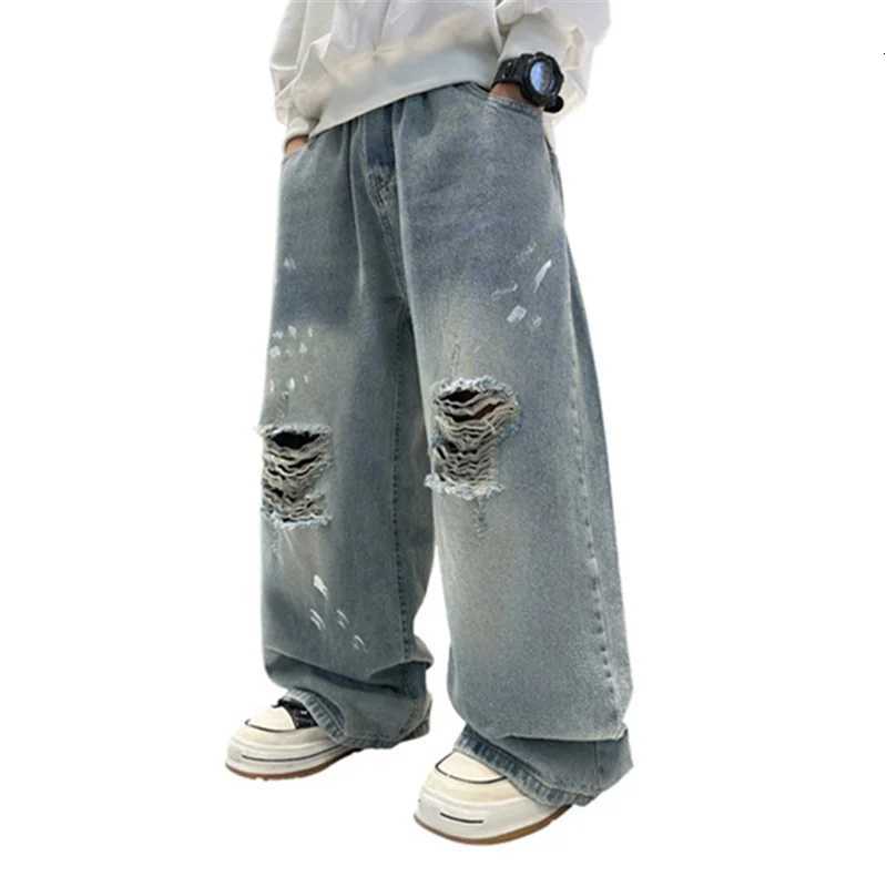 Cool Boys Street Style Ripped Baggy Jeans With Holes on the Knees Kids Child Fashion Broken Denim Pants with Drawings PrintT251017