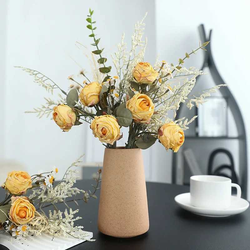 Artificial Rose Flowers Restic Silk Burnt Edge Vintage Rose with Stem for Home Bridal Wedding Party Floral Bouquet Decoration C251017
