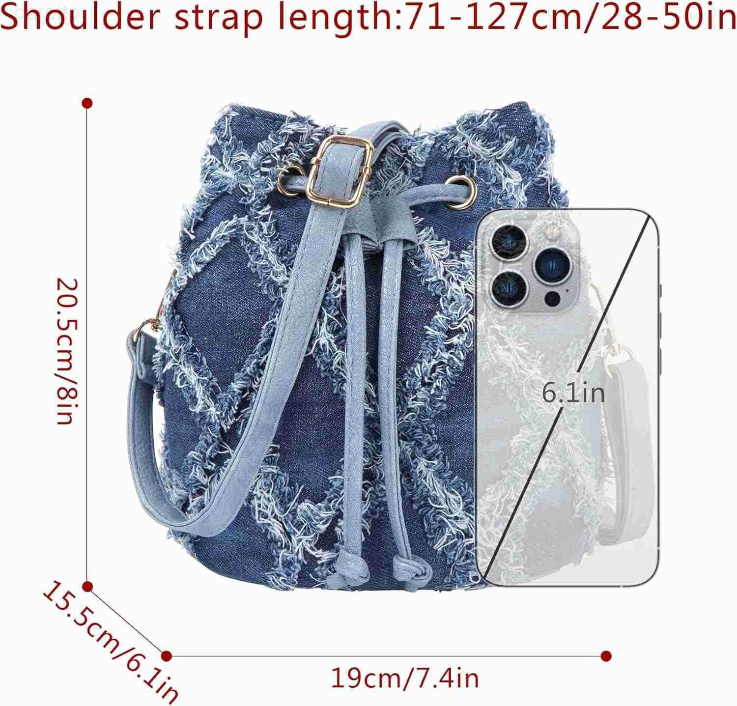 Women Denim Mini Bucket Shoulder Crossbody Bag Drawstring Quilted Distressed Tassel Barrel Shape Satchel Purse Z251017