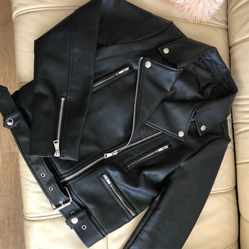 New Women Spring Autumn Black Faux Leather Jackets Zipper Basic Coat Turndown Collar Motor Biker Jacket With BeltT251017