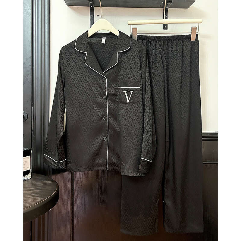 Jacquard V Black Light Luxury High-end Style Women's Pajamas Autumn Winter Long Sleeve Ice Silk Comfortable Homewear Set