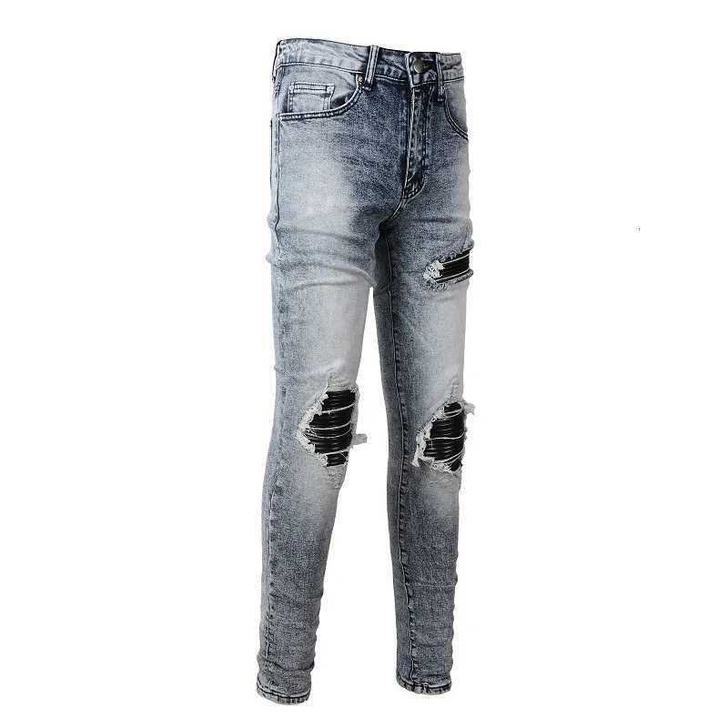 Mens Jeans Vintage Holes Trousers Rivet Patch Slim Skinny Ripped Jeans Casual Trendy Painted Distressed Denim Beggar Pants1 Y251105