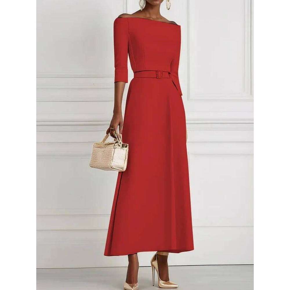 Women Sexy Off Shoulder Half Sleeve Party Elegant Temperament Waist Solid Long Fashion Draped Belt Tie-Up Maxi Dress