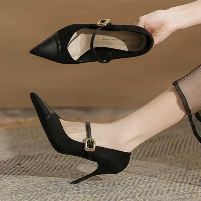 Sexy Pointed Toe Thin High Heels Women Leather Covered Toe Design Women Pumps Metal Belt Buckle Womens Elegant High Heel Shoes Z251015