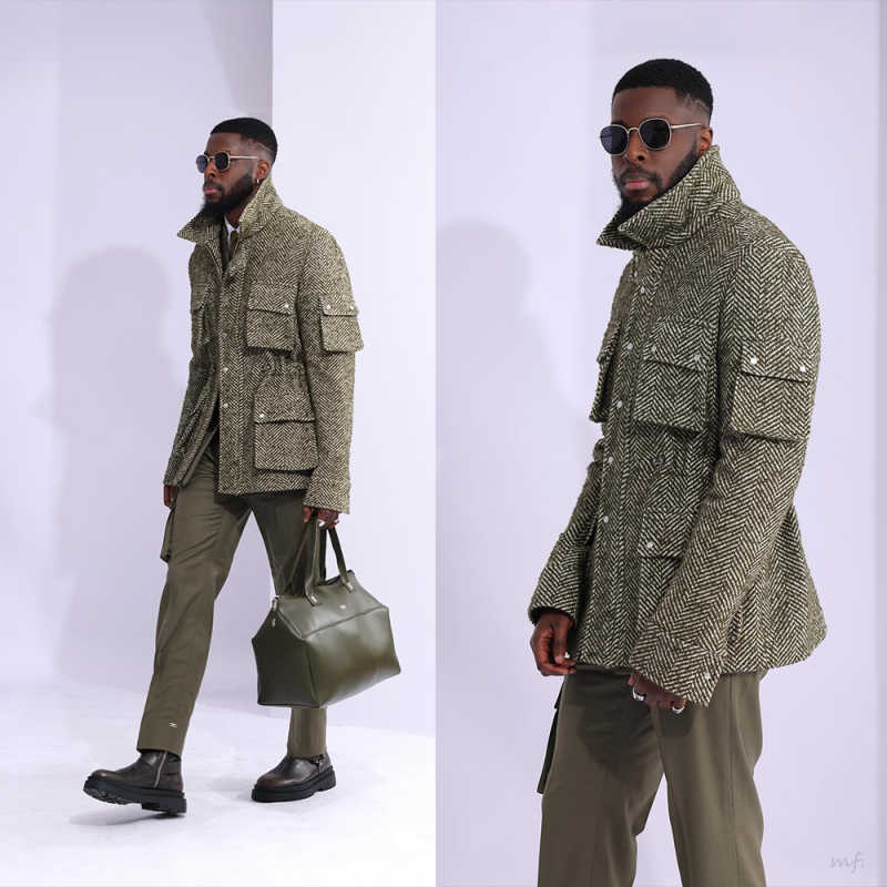 Fashion Men's Tweed Herringbone Coat High Collar Single Breasted Autumn Winter Thick Outwear One Piece Custom Made
