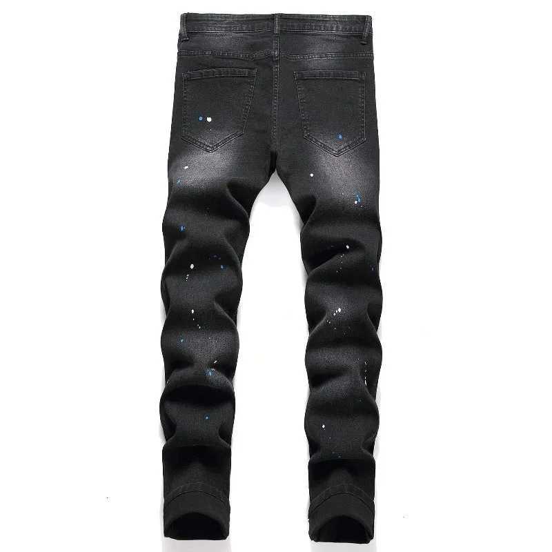 2025 Autumn New Stretch Jeans Fashionable Ripped Patchwork Slim European 1 Pants Male Paint Dot Hip Hop Denim Trousers Y251105
