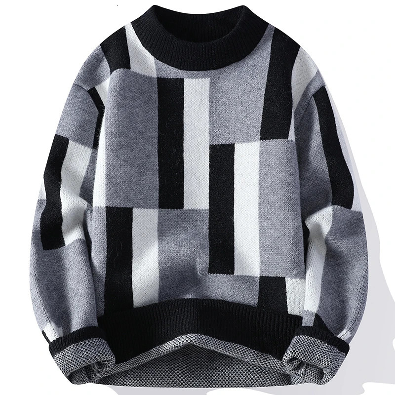 Autumn Winter Mens Mock Neck Knit Sweater Fashion Plaid Knitted Pullovers Men Youthful Vitality Casual Loose Warm Y2K Sweaters 251017