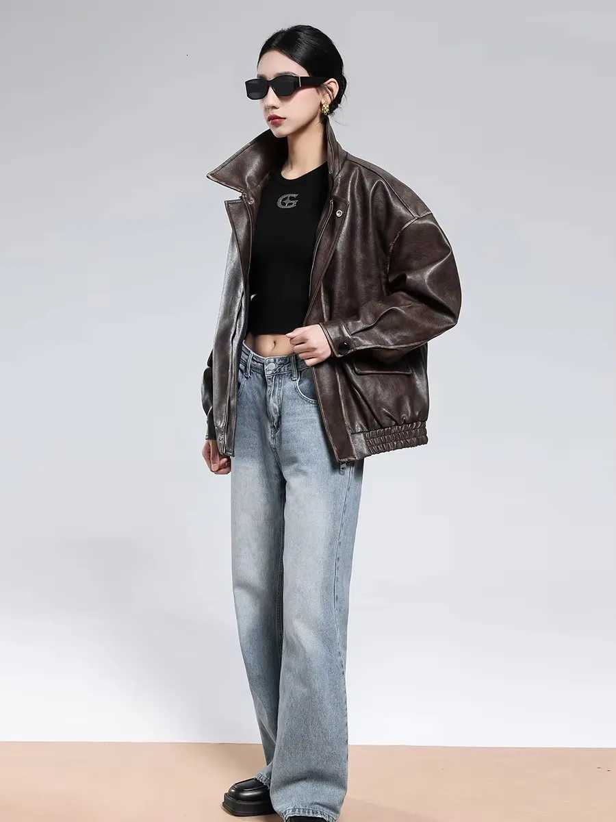 Nerazzurri Autumn Cool Oversized Vintage Distressed Brown Pu Leather Jacket Women Zipper Loose Retro American Retro Clothes 2025T251017