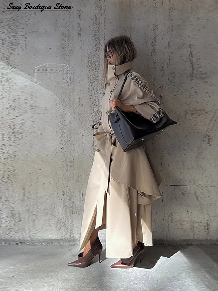 Autumn Winter Elegant High Neck Long Trench Coat For Women Pleated Hem Lace Up Jacket Windproof Overcoat 2025 Lady Outwear 251013