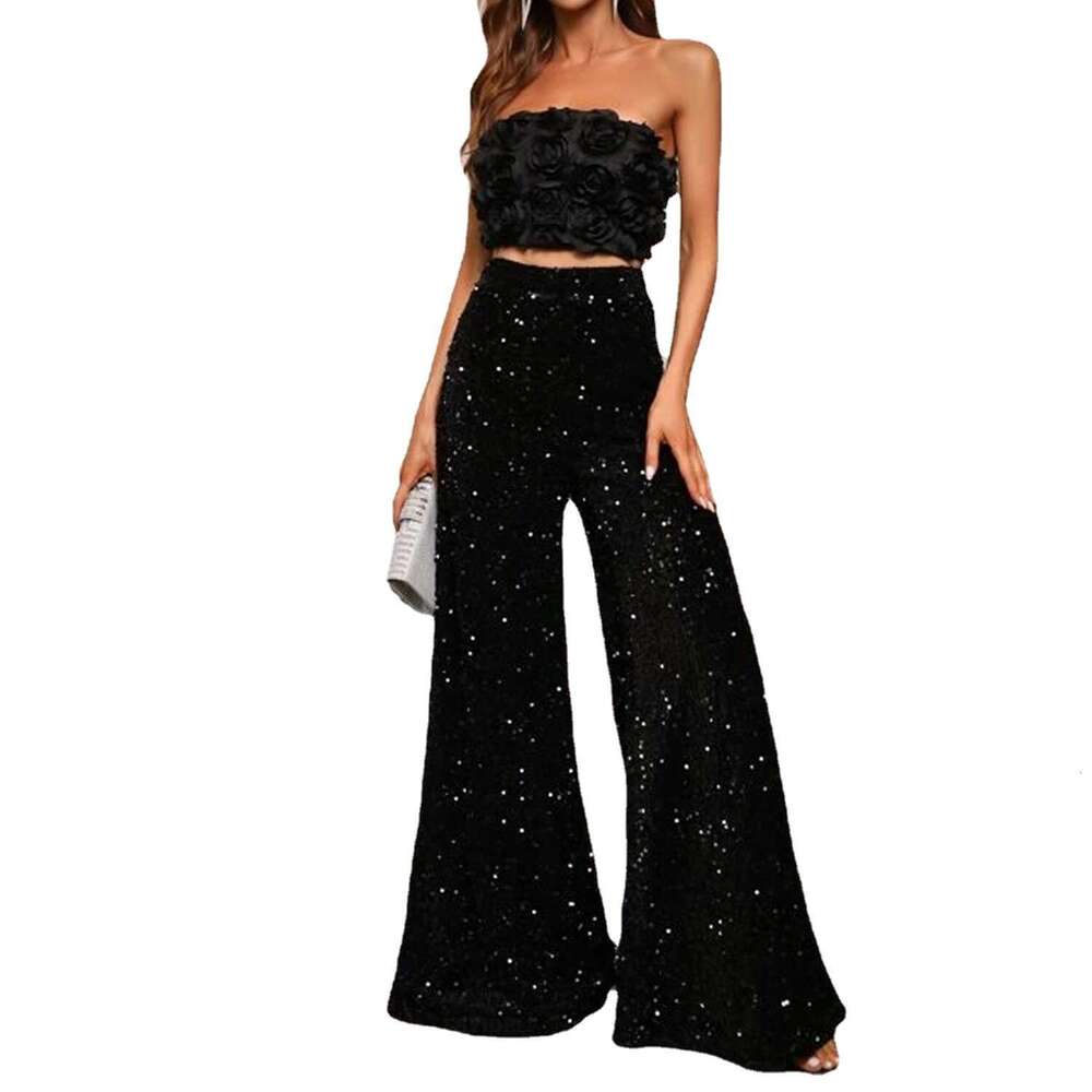 Summer High Waist Slimming Long Women, Solid Color Sequin Fashion Casual Wide Leg Pants For Women B5