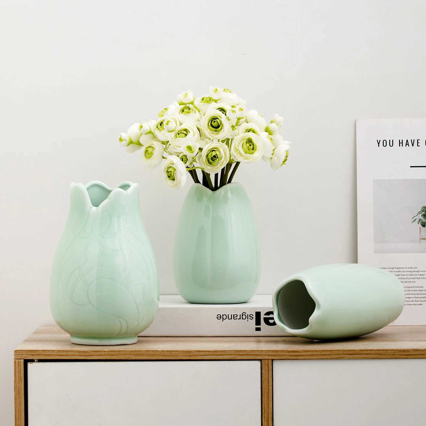 Nordic Style Light Green Ceramic Vase Set Creative Home Decor for Living Room and Table Flower Arrangement Vase for Home C251017