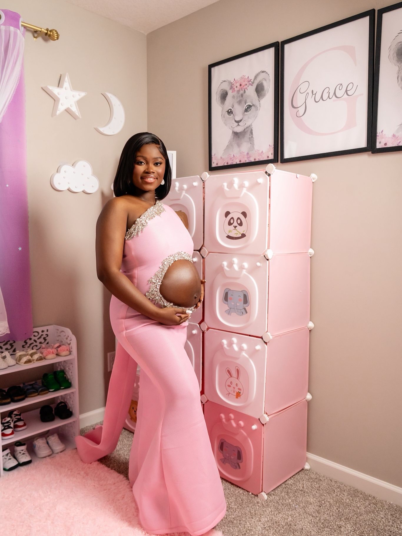 Pink Mermaid Maternity Prom Dresses 2025 One Shoulder Beaded Crystals Evening Formal Party Second Birthday Engagement Gowns Plus Size Dress For Specia