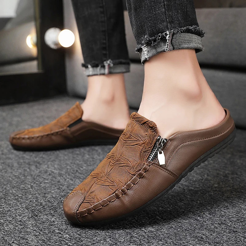Fashion Sheepskin Mens Half Slippers Breathable Mens Casual Shoes Outdoor Men Loafers Lazy Shoes Flats Comfortable Male Sneakers 251013