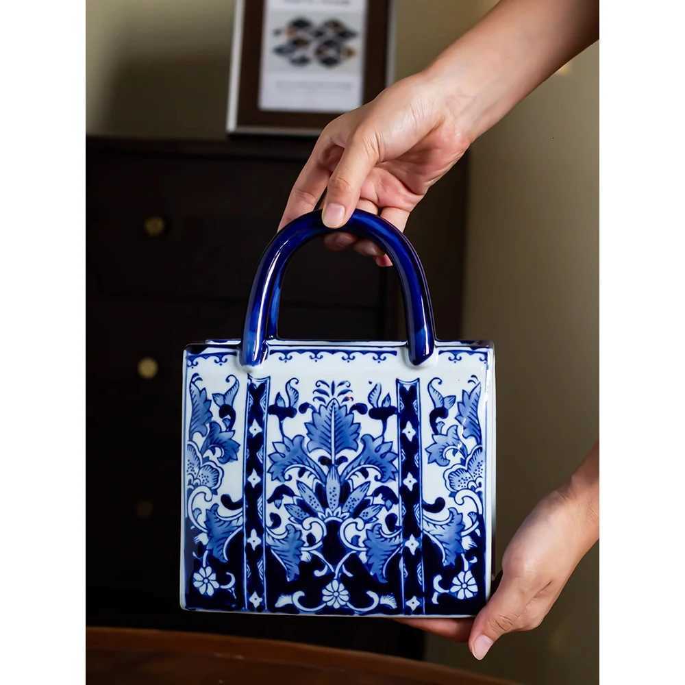 Creative ceramic handbag vase retro blue and white porcelain vase ornaments European style home living room table decoration C251017