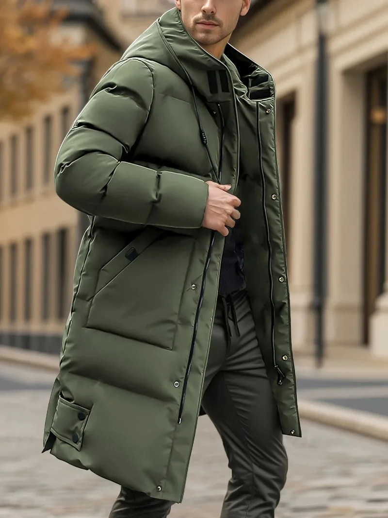 MenS Heavyweight Winter Coat Windproof Cold Weather Jacket with FullLength Zipper Hooded Long Formality Large Front Pockets 251017