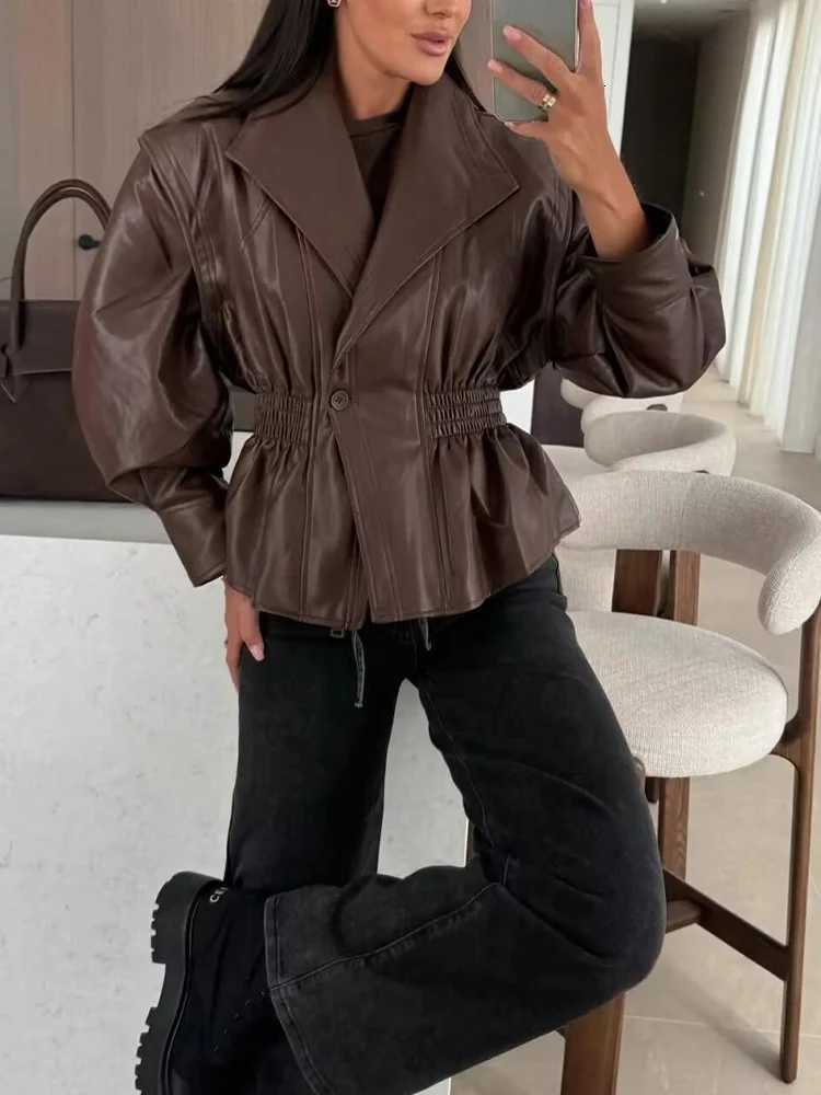 Autumn and winter womens fashion American retro cool highend British style imitation leather waist slimming jacketT251017