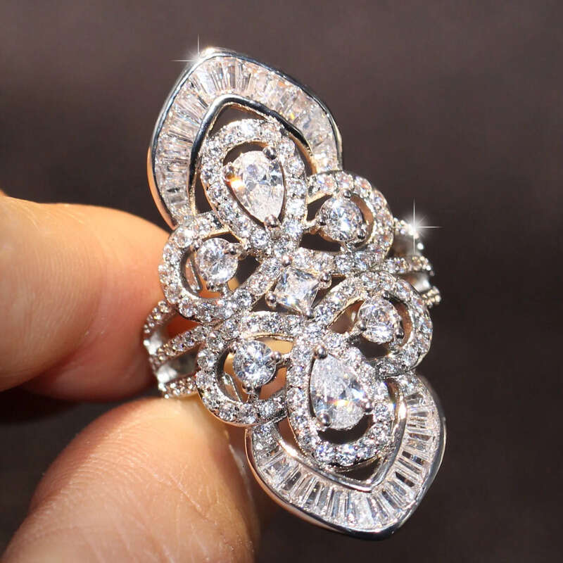 Brand New Jewelry Sterling Sier Pear Cut White Topaz CZ Dia Gemstones Princess Office Sparkling Wedding Wide Band Ring