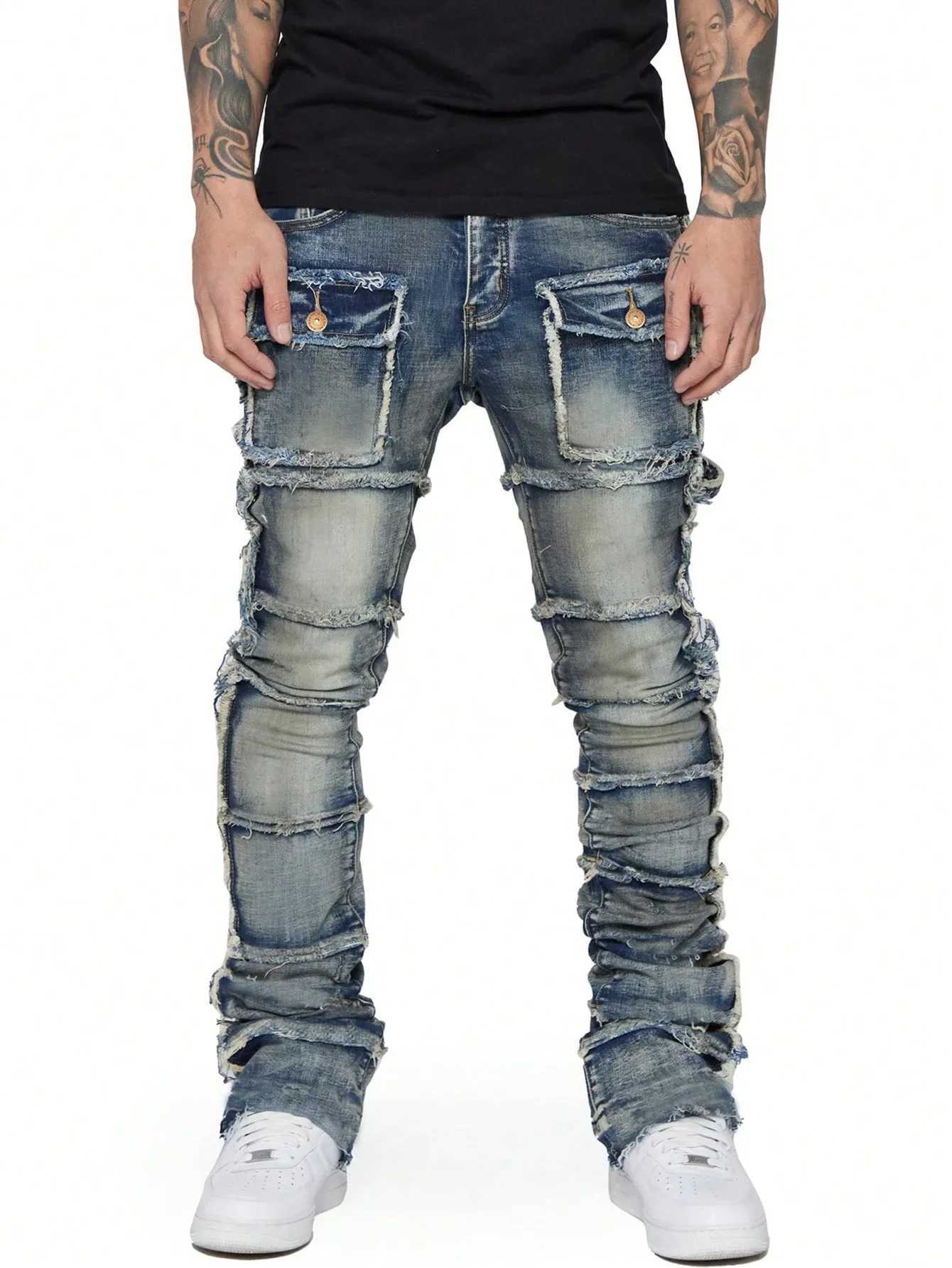 2025 New Trendy Men Jeans European and 1 Fashionable Workwear with Patch Elastic Laminated and Slightly Flared Men Den Y251105
