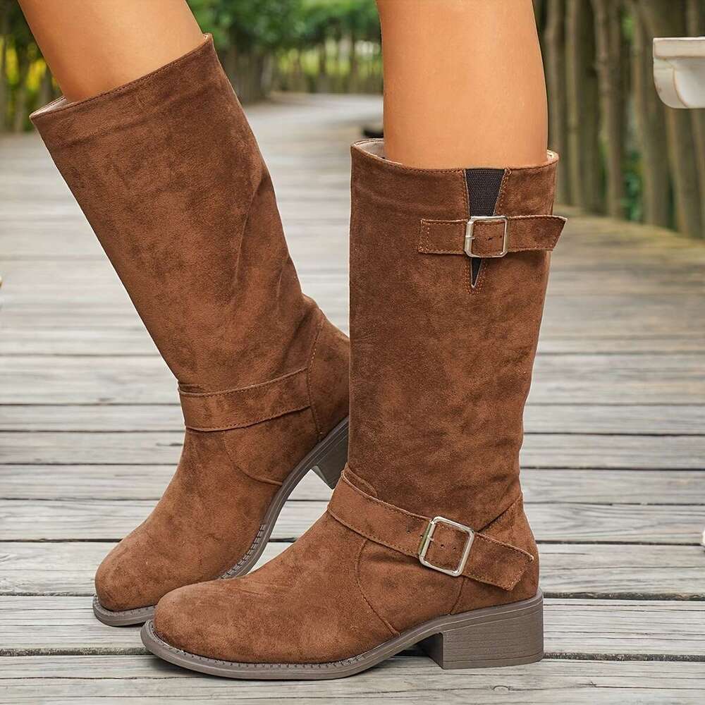 Women's Plus Size Suede Mid Calf Boots - Square Toe Chunky Heel With Buckle Strap, Faux Fur Upper Fabric Lining, Comfortable Slip-On Design For C