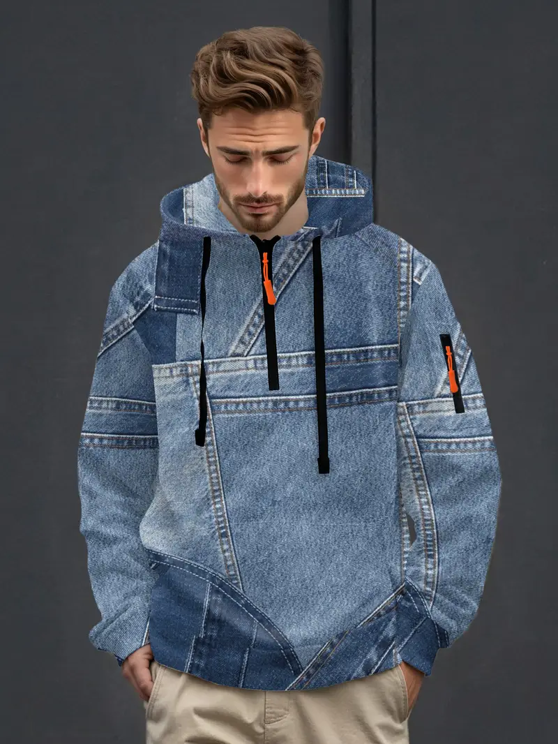 Men's Loose Fit Hooded Half Zip Sweatshirt Comfortable Casual Pullover for Home Travel and Outdoor Activities 2-1-4