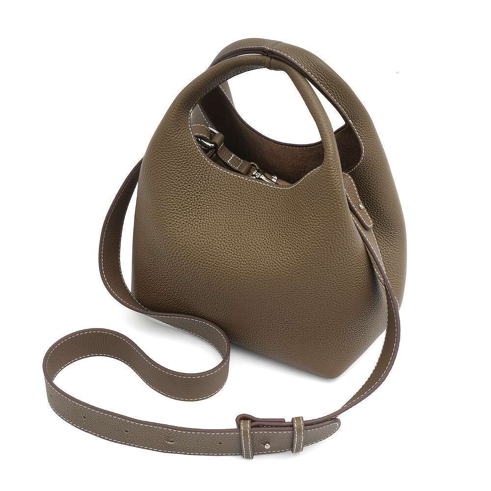 Women Genuine Bucket Small Crossbody Bag With Adjustable Strap, Zipper Closure, Elegant Everyday And Formal Handbag Brown, Spacious Interior Suitable 