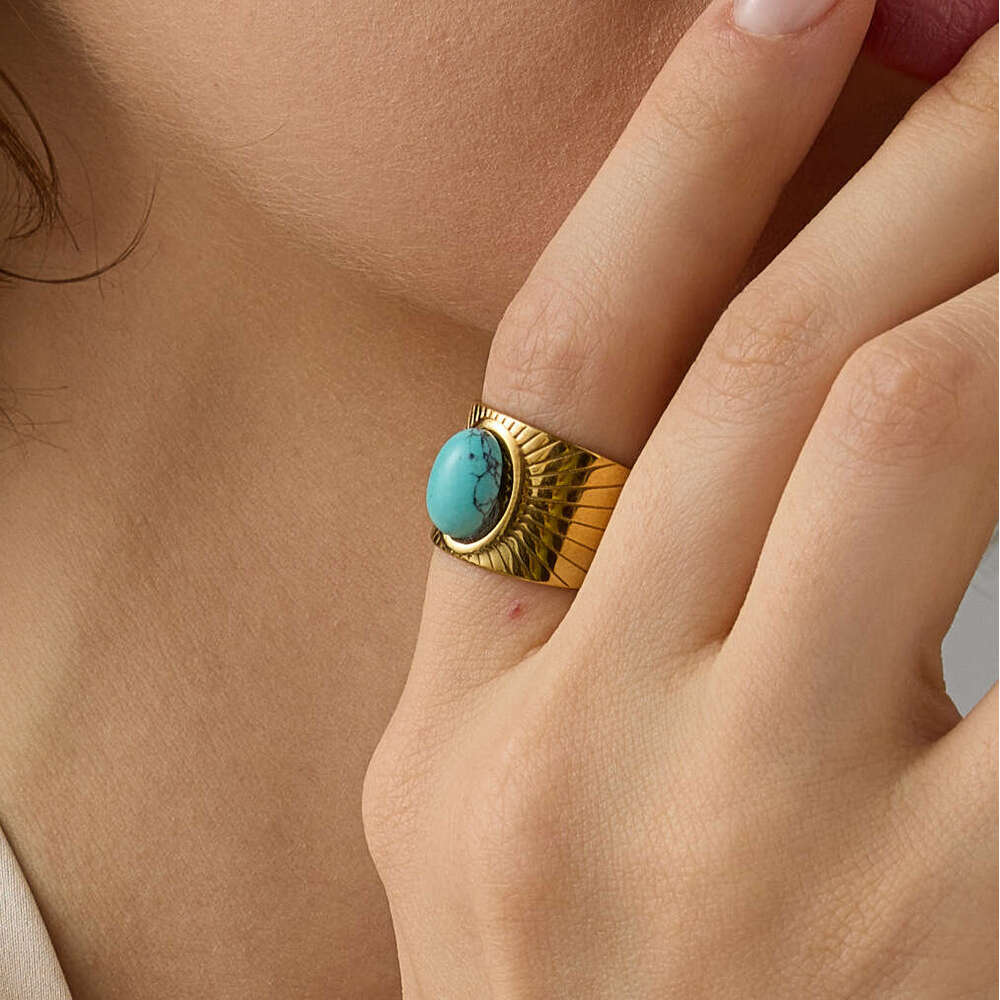 Stainless Steel Oval Blue Turquoise Gold Plated Ring Jewelry Vintage Style Rings for Women ddmypluto