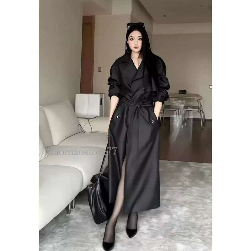 Plus 150Kg Ultra Slimming Long PU Leather Trench For Women Spring Autumn Large Size 220 Loose Turn-Down Collar Over-Knee winter jacket women