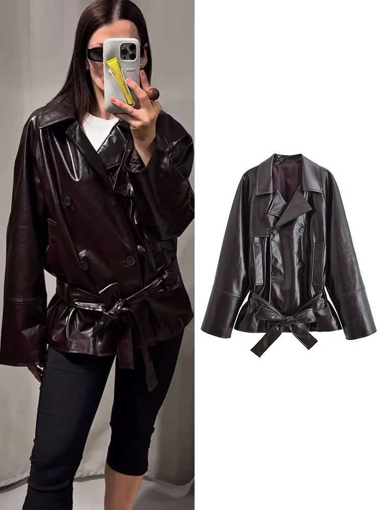 Fashion Womens Faux Leather Jacket Turndown Collar Double Breasted Belt Coats 2025 Autumn New Ladies Casual Street OutwearT251017