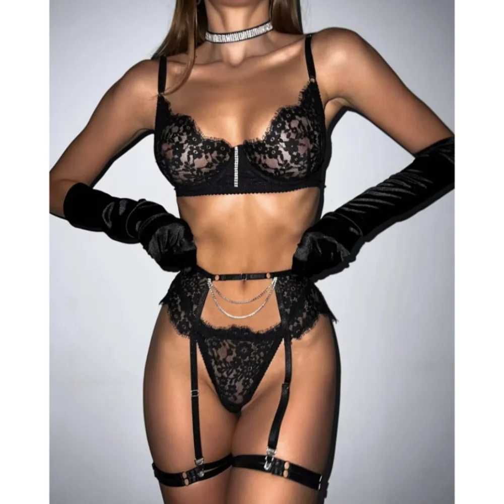 Krasapt Womens Black Floral Lace with Rhinestone Decoration New In Matching Lingerie Sets Porn Bra Panty Garter See ThroughL251017
