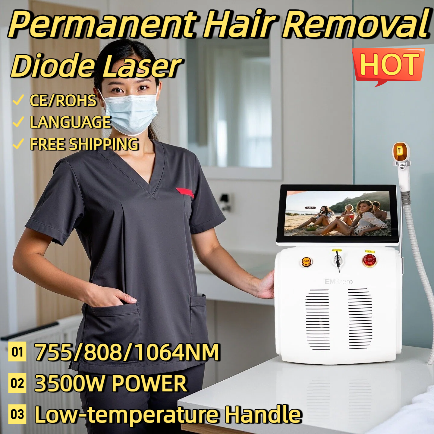 Hot Large Screen Diode Laser Hair Removal Machine Painless Permanent Hair Removal Skin Whitening High Power Smart 3 Wavelengths 755/808/1064nm Laser M