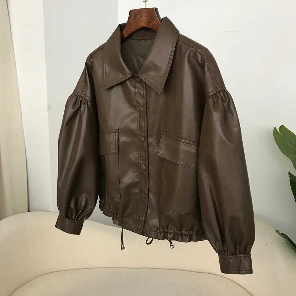 DEBAIFUR 2025 New Spring Autumn Korean Style Singlebreasted Short Leather Jacket Women Brown Loose Top Artificial Leather PUT251017