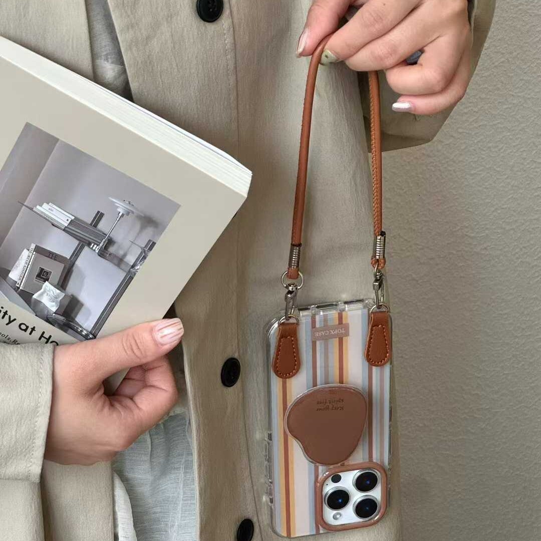 Autumn Winter Color-Block Striped Compatible with iPhone 17 Leather Lanyard Pro Max Apple 16 Phone Case 15 Women 14