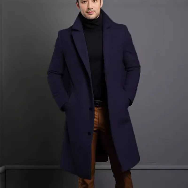 Woolen Coat Mens Long Solid Color Autumn Winter Woolen Coat Warm Youth Coat Trench Cardigan J251017