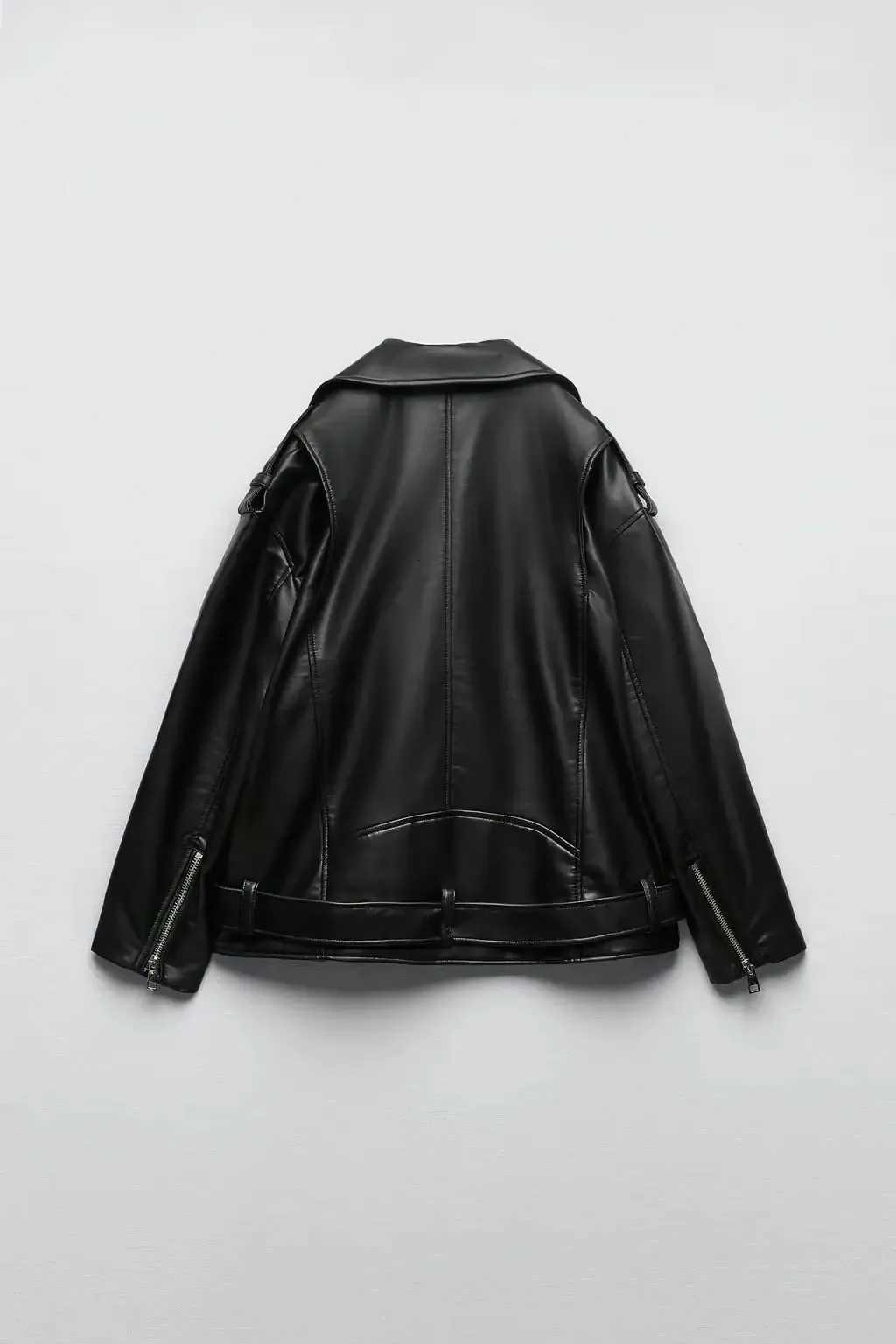 BBWM Pu Faux Leather Jacket with Belt Spring Autumn Female Zipper Coat Outwear Womens Loose Motorcycle Biker BlackT251017