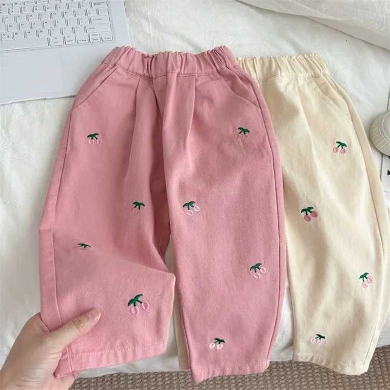 Spring Autumn Sweet Children Pants Cherry Embroidery Girls Casual Trousers Childrens Fashion Loose Fit Kids Clothing Baby GirlsT251017