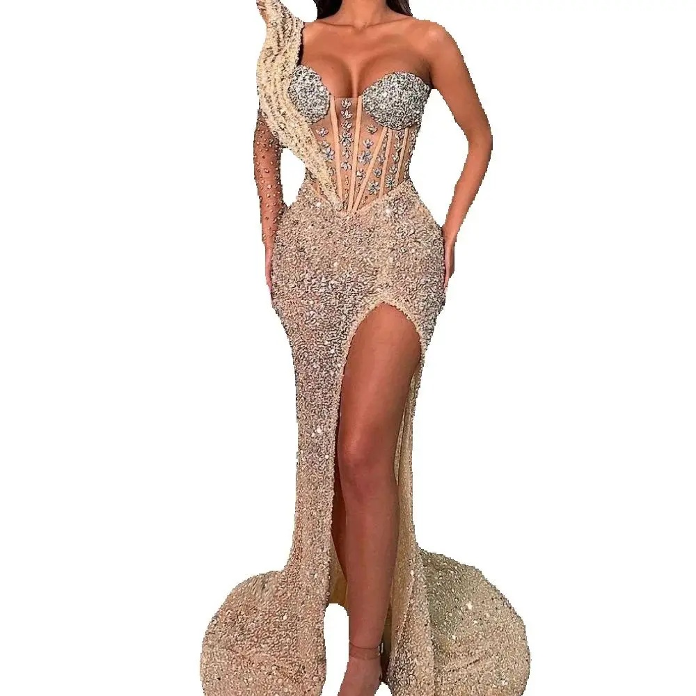 Sparkly One Shoulder Prom Dresses Elegant Sequined Crystal Evening Dress High Side Split Celebrity Party Gown Customized