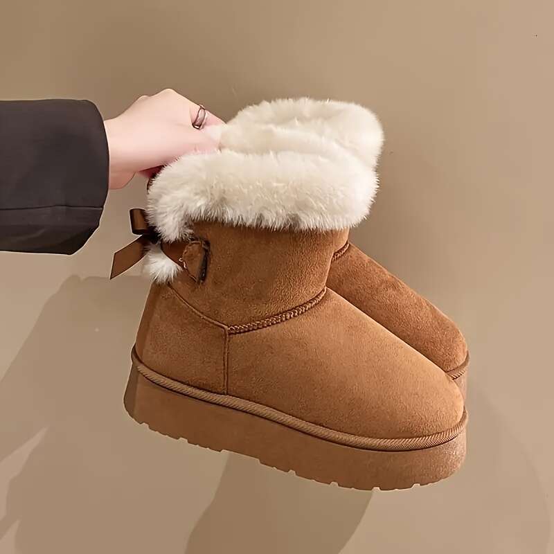 Women's Warm Winter Short -Like Faux Trim Round Toe & Low Block Heel, Round-Toe Snow With Rubber Sole No Edges Brown - Cozy Casual/Dress Boots Fo