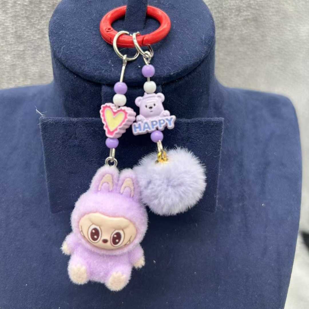 New Arrival Sitting Labubu Keychain Mini Flocking Labubu Key Chain Kawaii Cell Phone Charm Ornaments Cute Rabbit Keyring Gift U250604