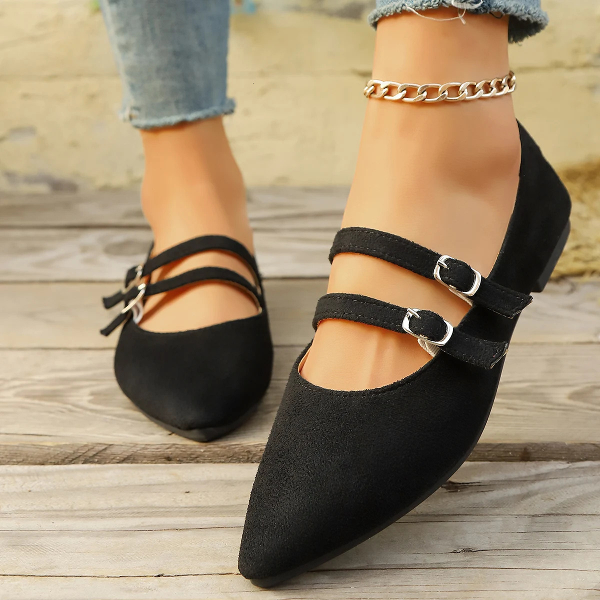 Womens Niche PointedToe LeopardPrint Shoes FrenchStyle SlipOn Loafers with Ankle Strap Ideal for Daily Commute 251016 - view 6