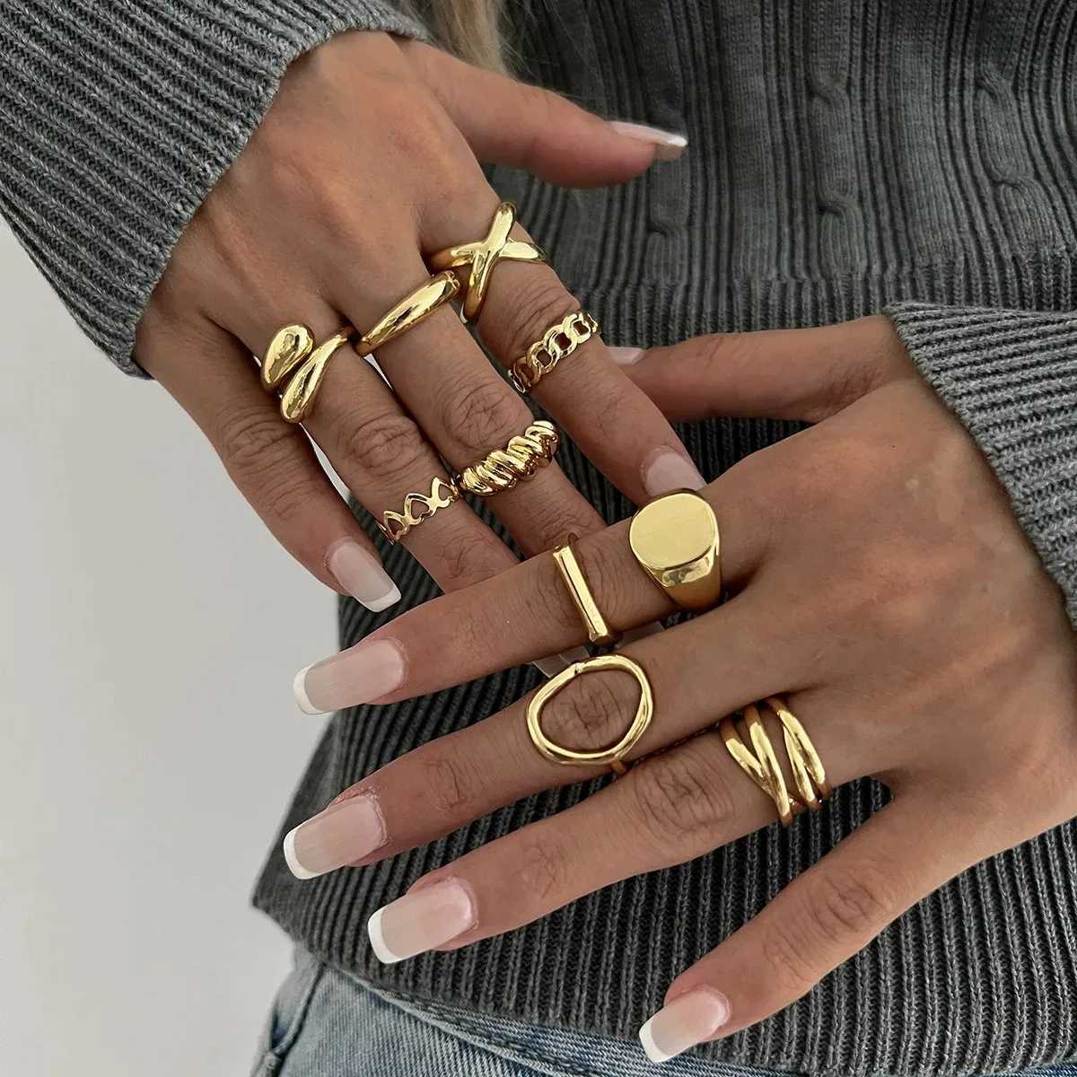 10PcsSet Geometric Trendy Gold Silver Color Cuff Rings Set for Women Girl Metallic Stainless Steel Minimalism Fashion Chic RingW251017