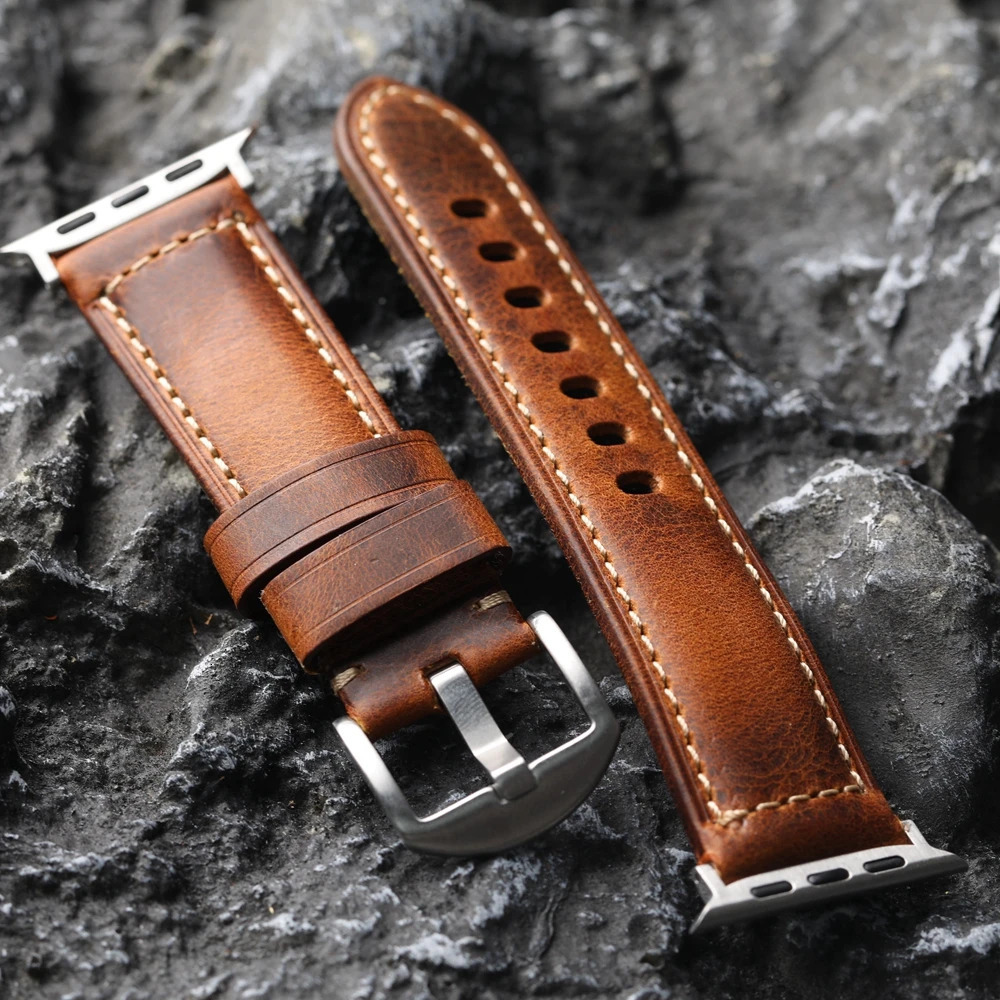 Handmade Holvin Cowhide Leather Strap for iWatch Genuine Leather Ultra2 49MM 44MM 42MM Brown Vintage Aged Watch Strap for 251016