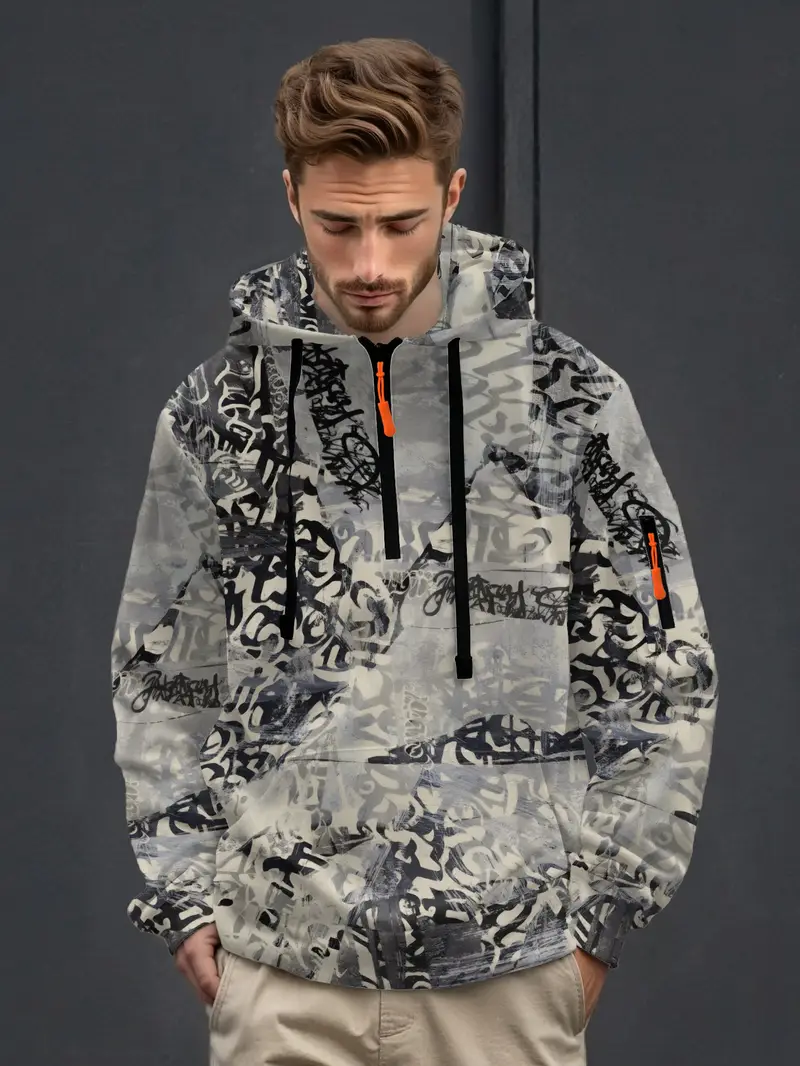 Letter decoration Comfort-Fit Mens Half-Zip Hoodie - Versatile Loosely Fitted Sweater for Daily Wear 2-1-5