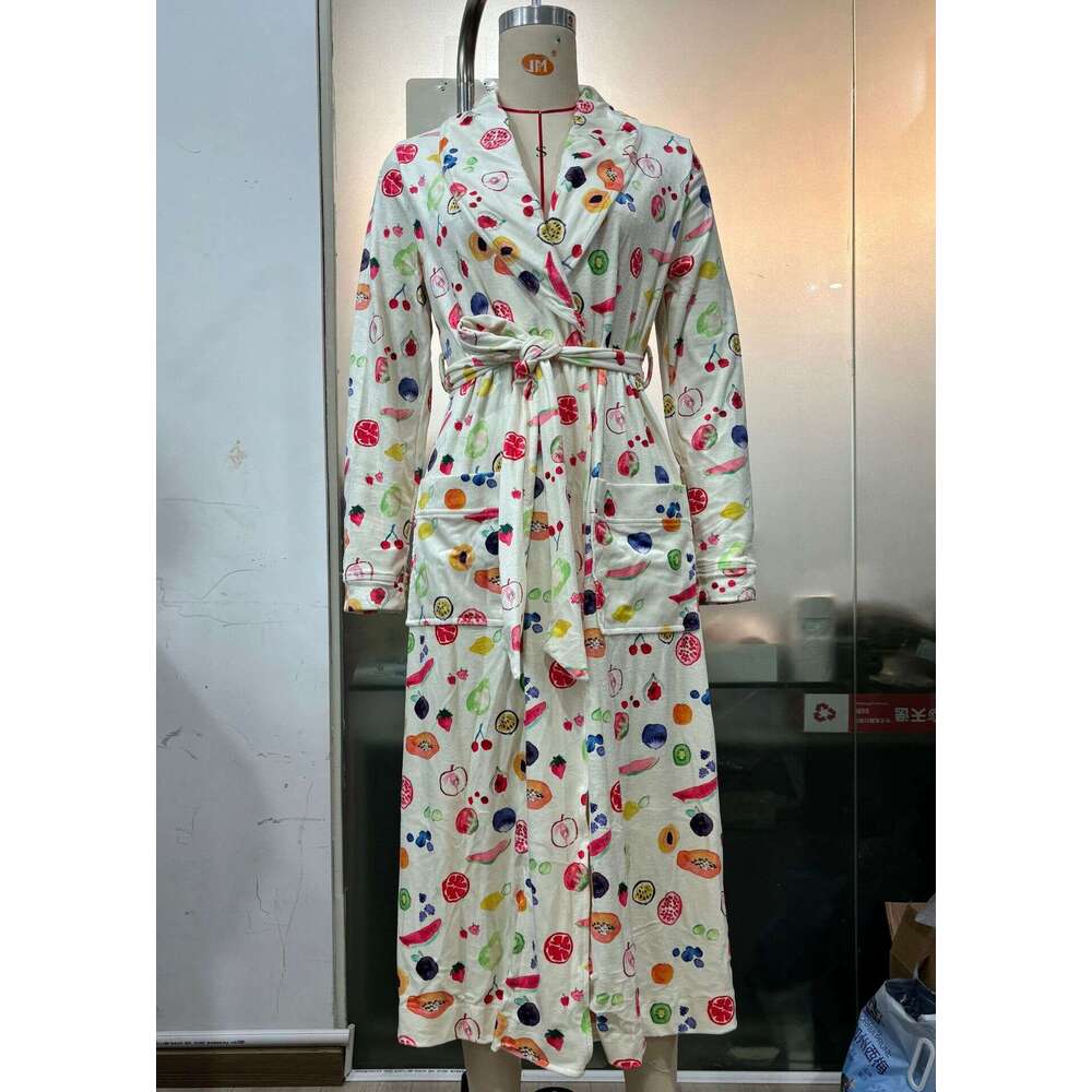 Fruit Print Autumn Winter New Thickened Lace-Up Nightgown Bathrobe Long Sleeve Loungewear B5