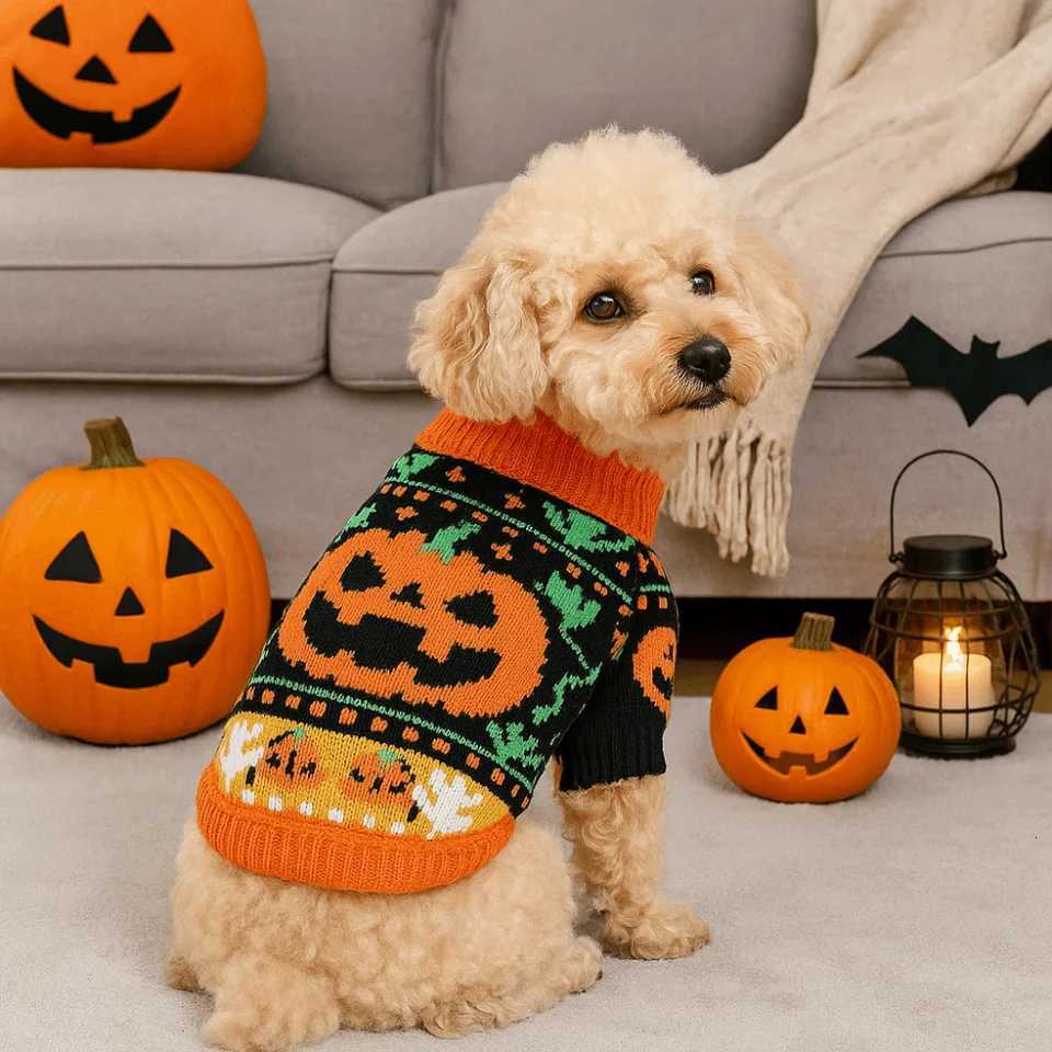 Turtleneck Design Halloween Dog Sweater Pumpkin Costume Soft Pumpkin Pet Sweater Comfortable Warm Dog Knitwear Pet ClothingW251017
