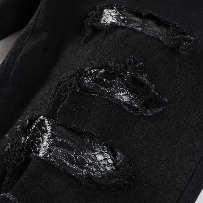 Men Snake Embroidery Jeans Skinny Tapered Stretch Denim Pants Streetwear Holes Ripped Leather Patch Patchwork Trousers Black1 Y251105